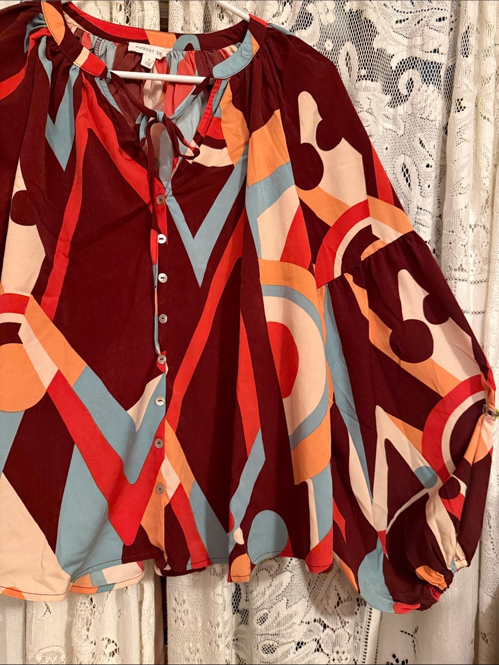 Boho Geometric Balloon-Sleeve Blouse in Burgundy - Picture 4 of 7